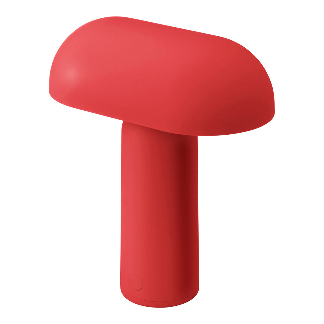 Red mushroom-shaped lamp with a smooth, matte finish and a minimalist design.