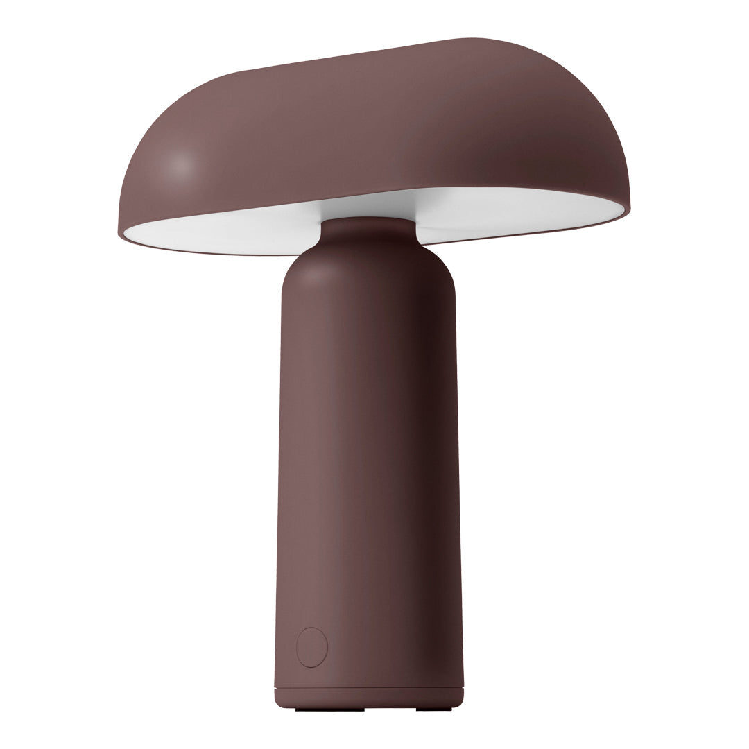 Mushroom-shaped lamp in deep brown with a sleek, matte finish and a white shade. Perfect for modern decor.