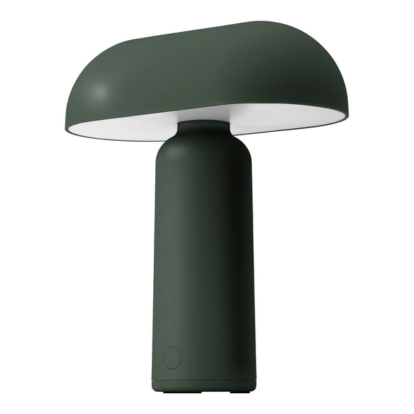 Green modern lamp with a smooth, curved base and a contrasting white shade, showcasing a sleek, minimalist design.