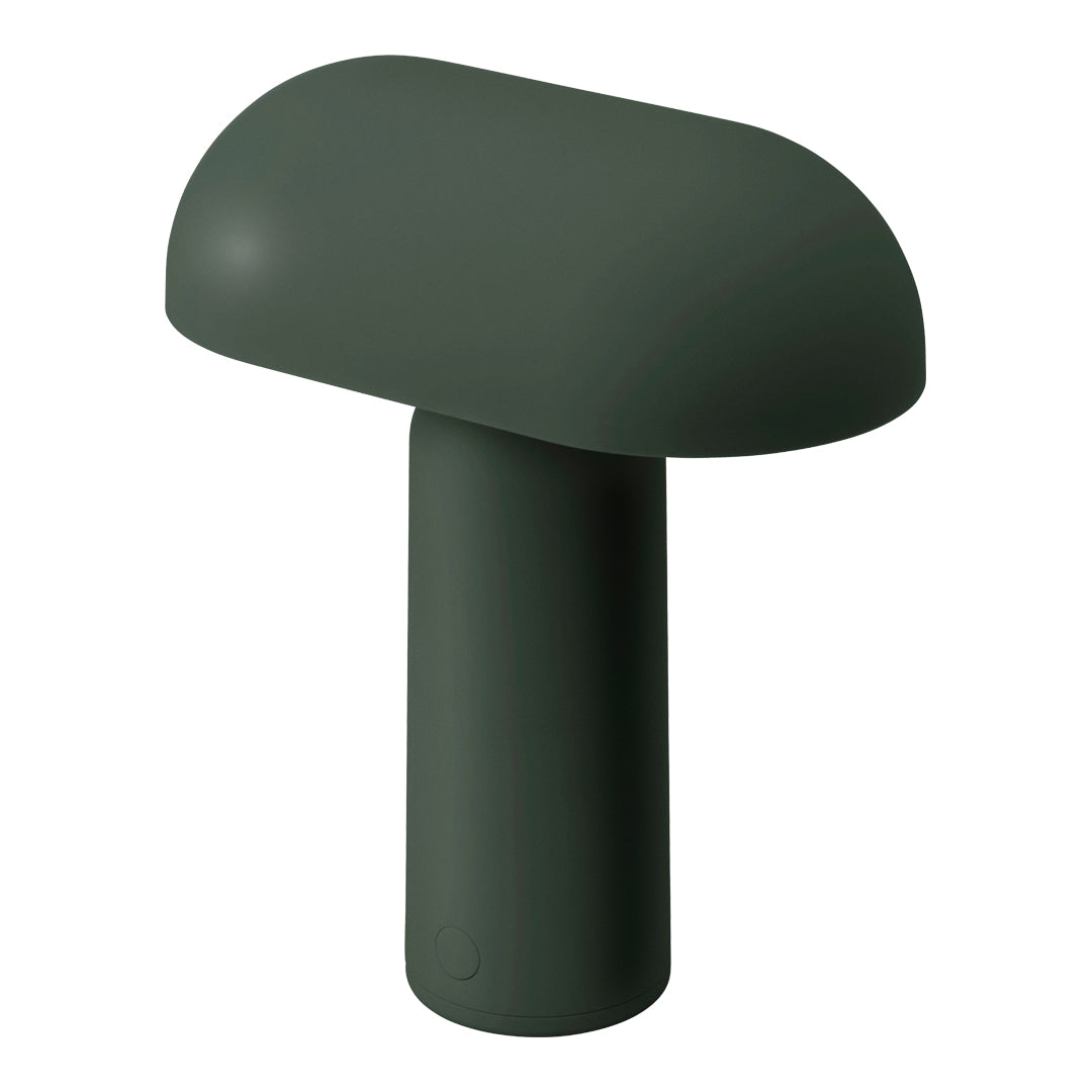 Dark green mushroom-shaped lamp with a smooth finish and minimalist design. Ideal for modern decor.