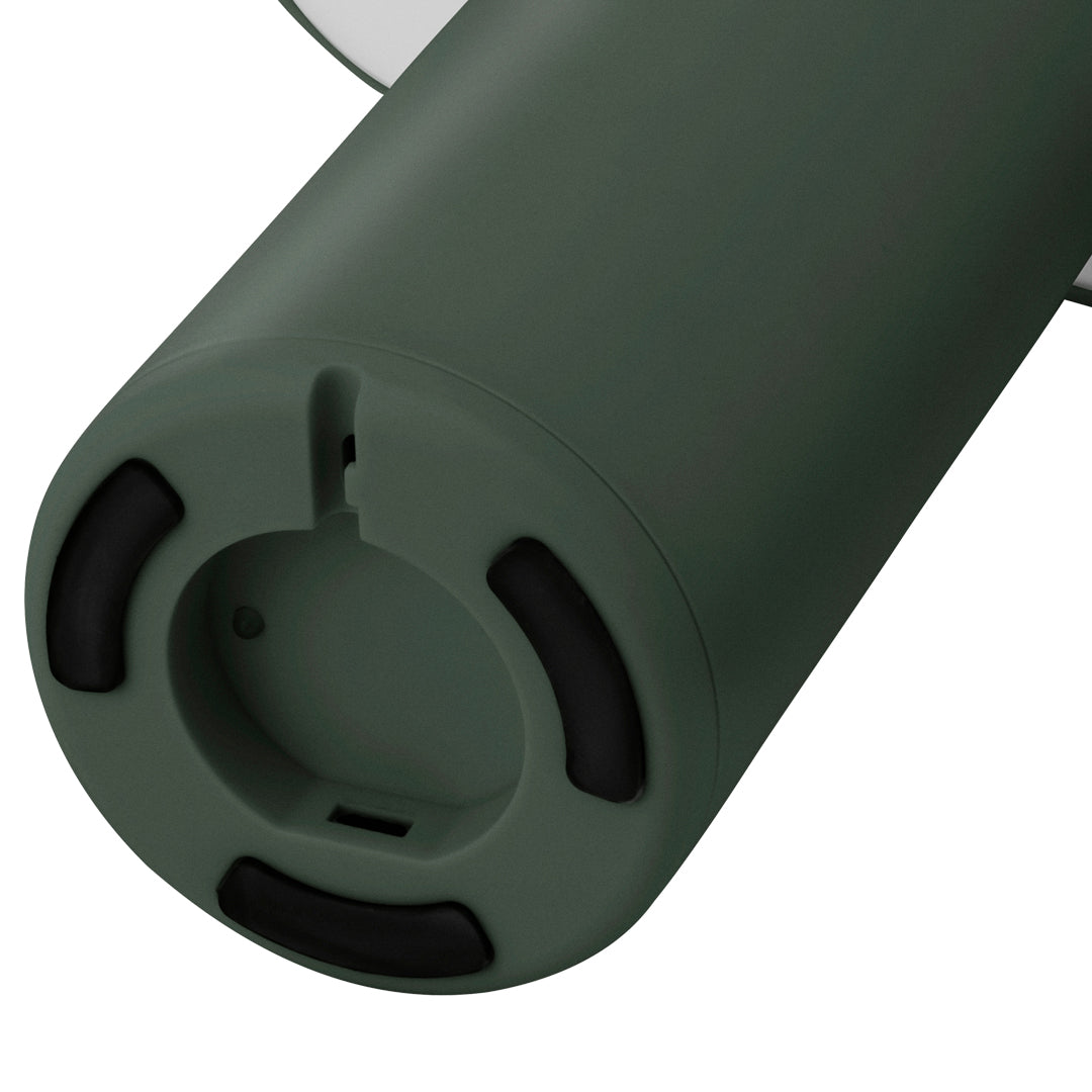 Dark green cylindrical design with black accents, featuring a smooth, matte finish and minimalistic pattern.