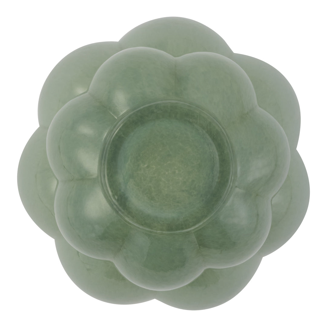 Green floral-shaped bowl with a smooth, glossy finish and subtle variations in color. Perfect for decorative use.