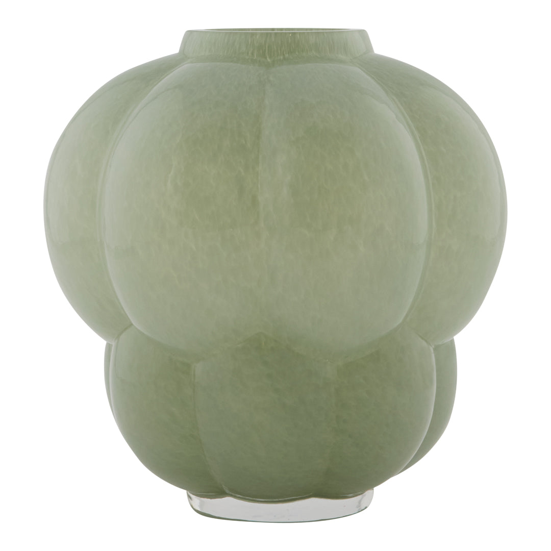 Green, textured glass vase with a rounded, bubble-like design. Perfect for modern home decor.