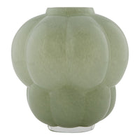 Green, textured glass vase with a rounded, bubble-like design. Perfect for modern home decor.
