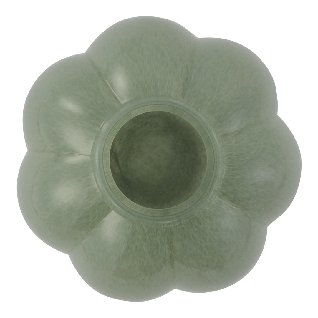 Green flower-shaped vase with a smooth, matte finish and subtle textured patterns. Perfect for modern decor.