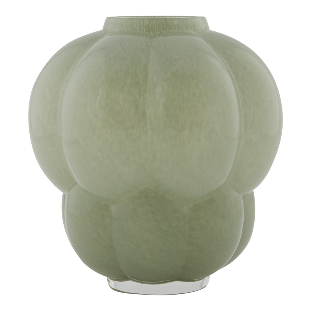 "Textured green glass vase with a rounded, sculptural shape and subtle patterns, perfect for home decor."