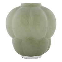 "Textured green glass vase with a rounded, sculptural shape and subtle patterns, perfect for home decor."