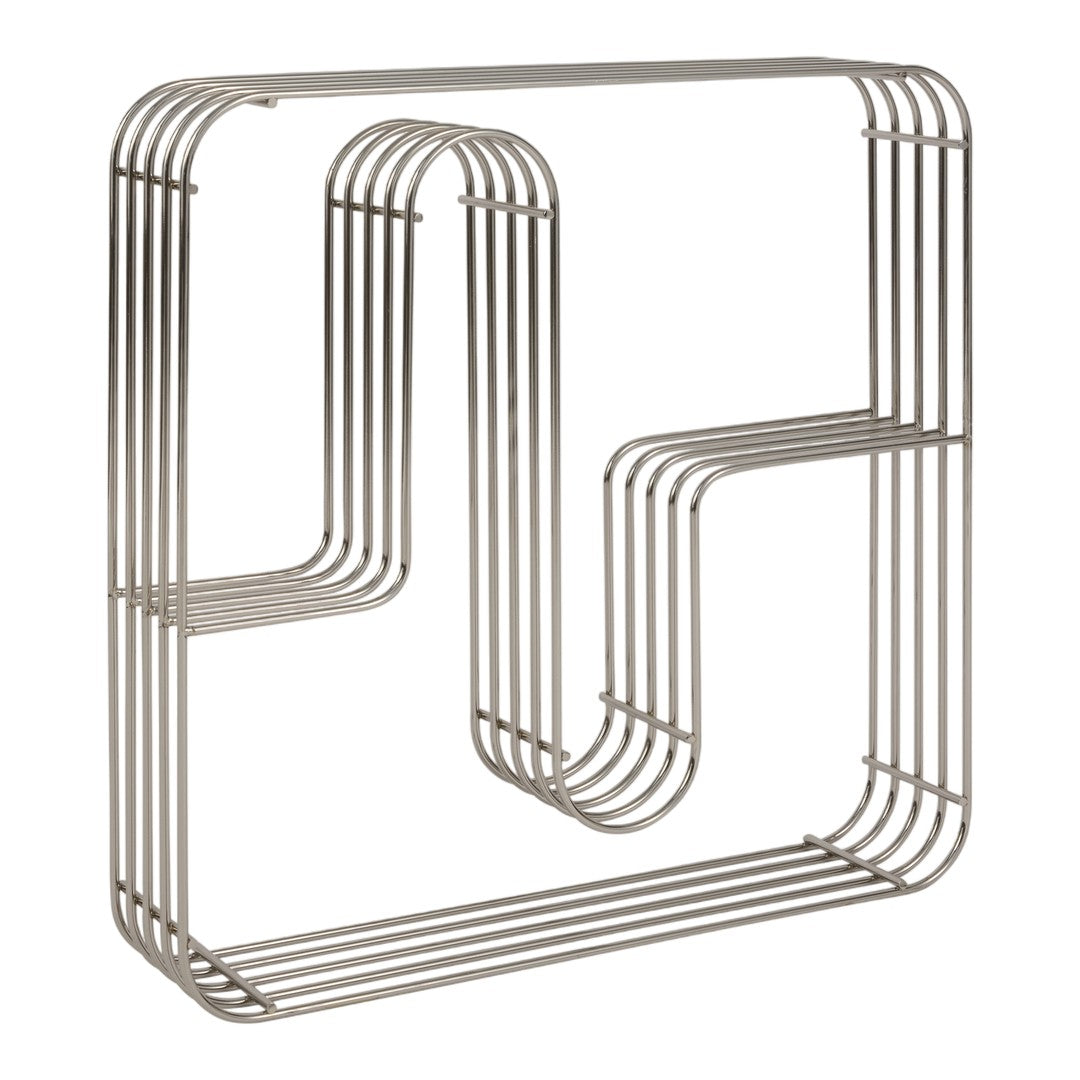 Silver metal wire shelf with a sleek, modern geometric pattern, showcasing smooth curves and clean lines.