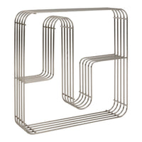 Silver metal wire shelf with a sleek, modern geometric pattern, showcasing smooth curves and clean lines.