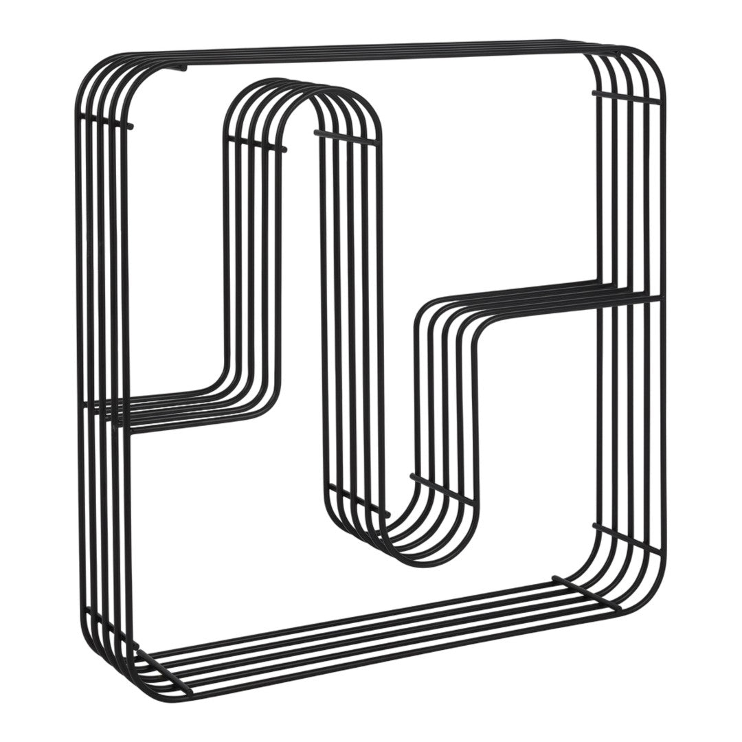 Black geometric wire shelving unit with a modern, minimalist design and sleek curved lines. Perfect for stylish storage.