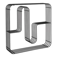 Black geometric wire shelving unit with a modern, minimalist design and sleek curved lines. Perfect for stylish storage.