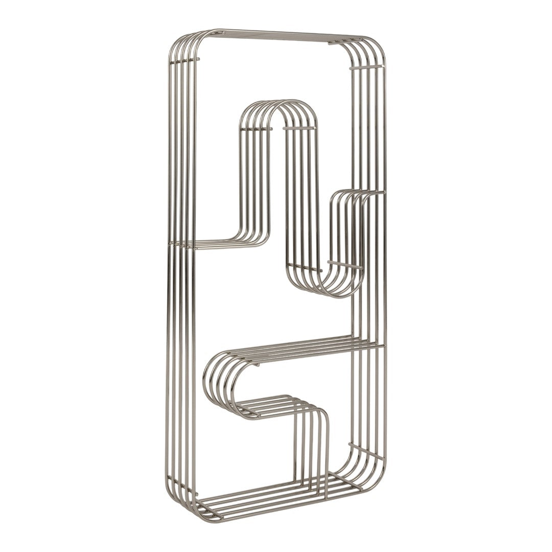 Stylish vertical metal shelving unit in sleek silver, featuring modern geometric patterns and clean lines.