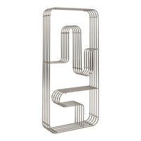 Stylish vertical metal shelving unit in sleek silver, featuring modern geometric patterns and clean lines.