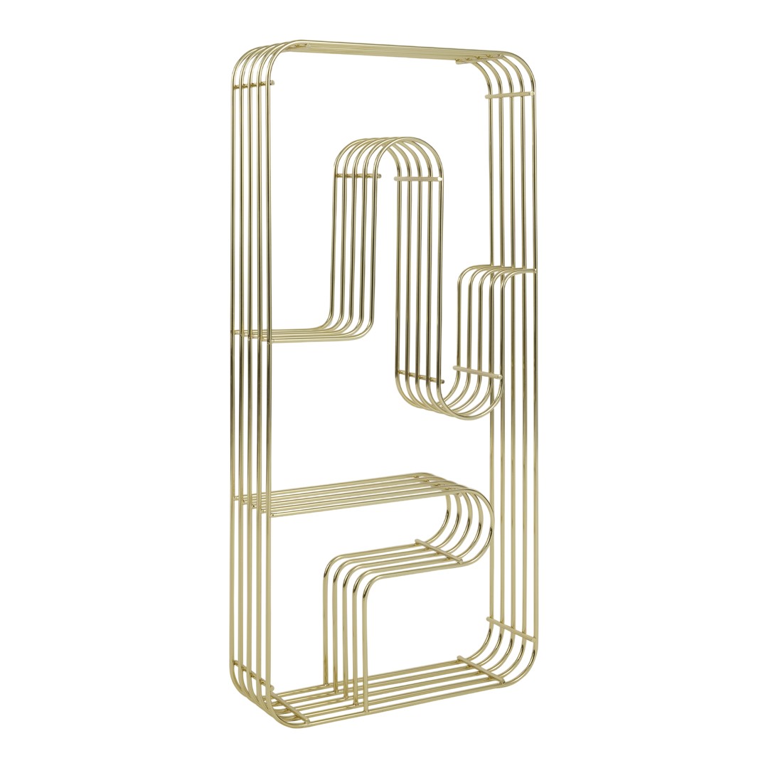 Gold wire shelf with a modern geometric pattern, featuring sleek lines and open spaces for a stylish look.