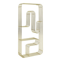 Gold wire shelf with a modern geometric pattern, featuring sleek lines and open spaces for a stylish look.