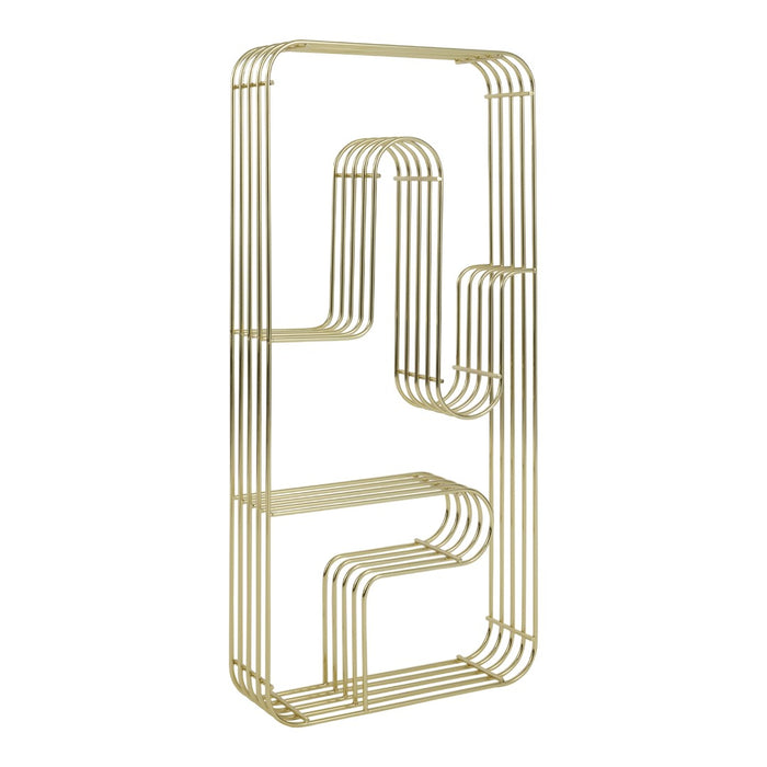 Gold wire shelf with a modern geometric pattern, featuring sleek lines and open spaces for a stylish look.