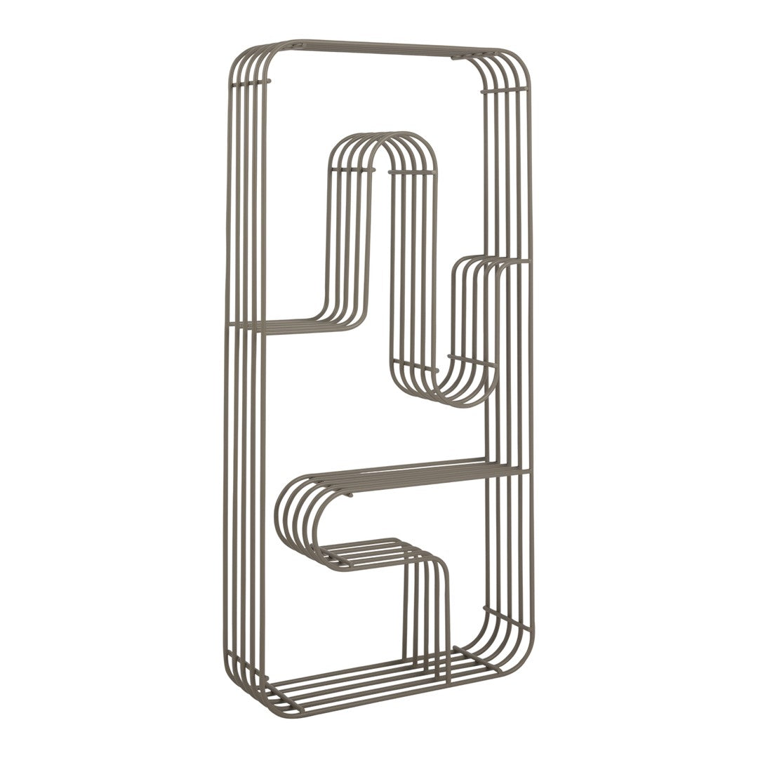 Angular metal shelf in a sleek, muted taupe color with a modern striped design. Perfect for stylish storage.