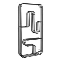 Modern black metal shelving unit with a unique geometric pattern. Ideal for contemporary decor.