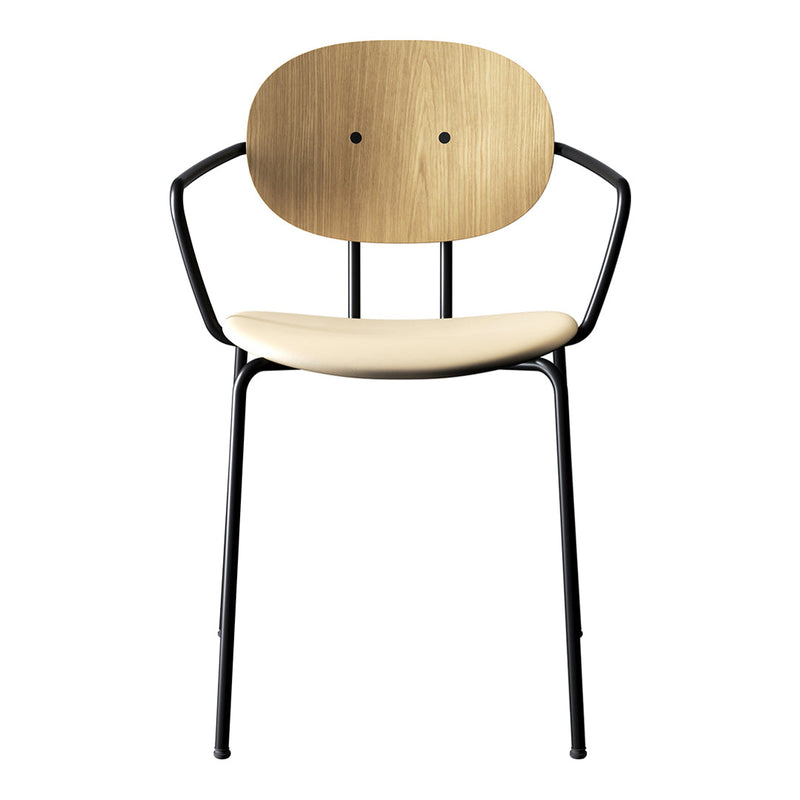 Modern chair featuring a light wood seat and back with a sleek black metal frame. Simple and stylish design.