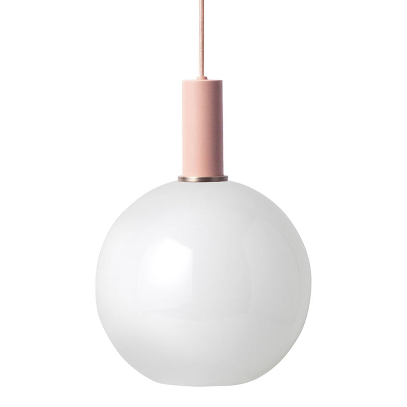 White glass pendant lamp with a pink metal cap, featuring a sleek, modern design that complements any decor.