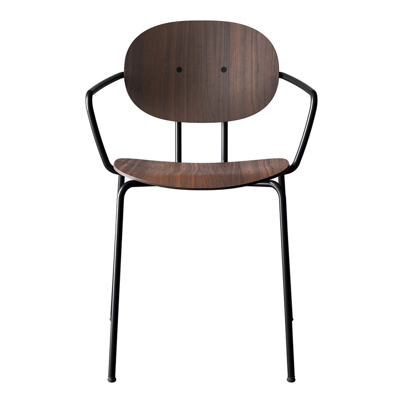 Wooden chair with a rich brown finish and sleek black metal legs; minimalist design with a smooth, curved shape.