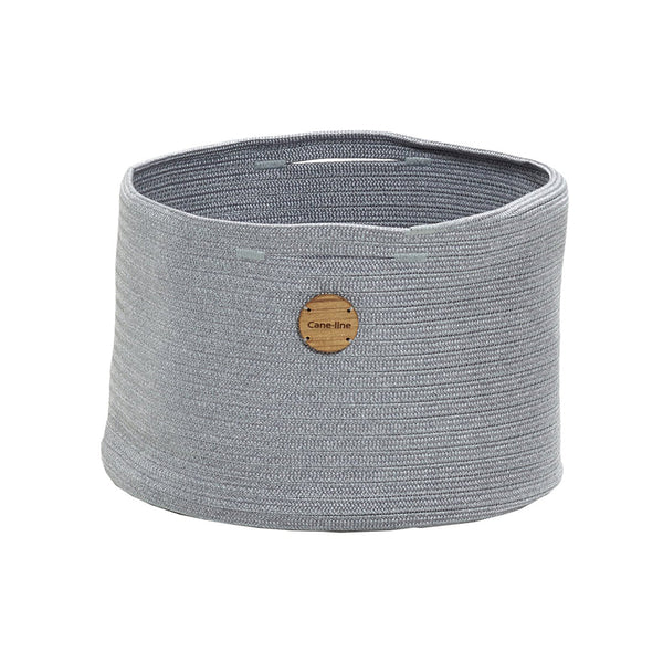 Gray fabric basket with textured horizontal stripes and a wooden button logo. Ideal for storage and organization.