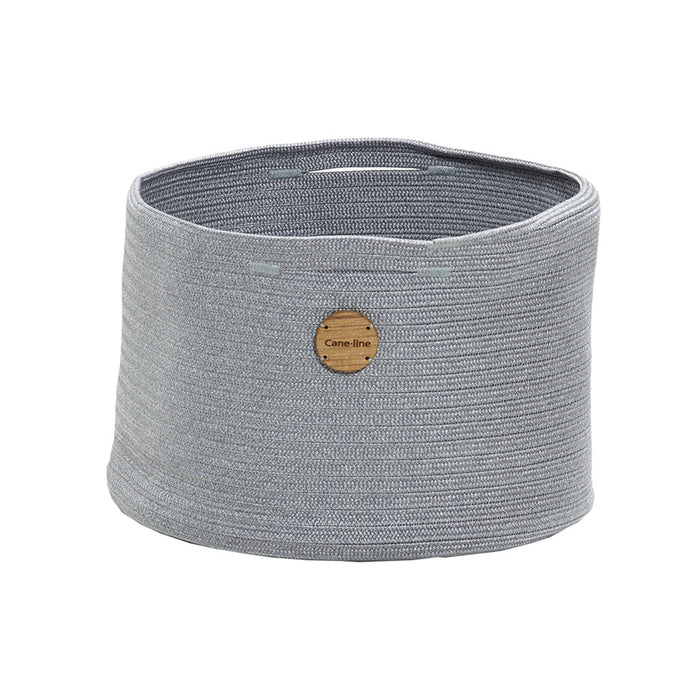 Gray fabric basket with textured horizontal stripes and a wooden button logo. Ideal for storage and organization.