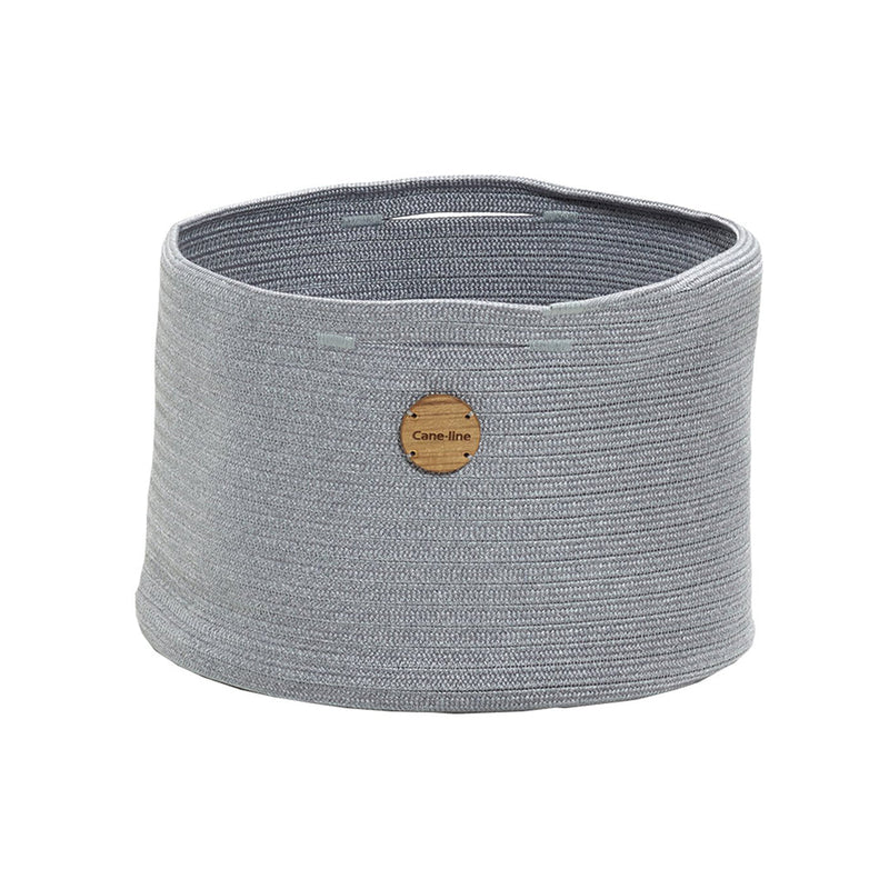 Gray fabric basket with textured horizontal stripes and a wooden button logo. Ideal for storage and organization.