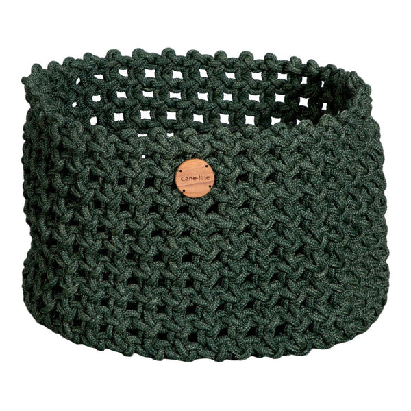 Handwoven green basket featuring a textured, open-knit pattern and a decorative wooden tag.