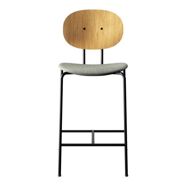 Stylish bar stool with a natural wood backrest, gray upholstered seat, and sleek black metal frame.
