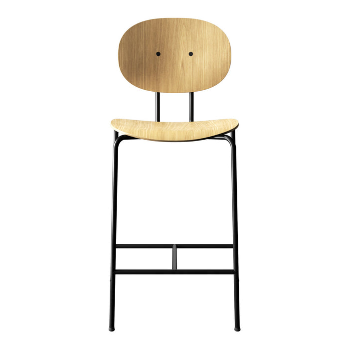Natural wood and sleek black metal stool with a minimalist design, featuring a rounded backrest and curved seat.