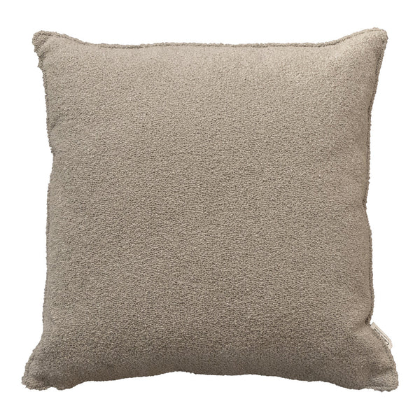 Soft beige square pillow with a textured fabric, perfect for cozy home decor.