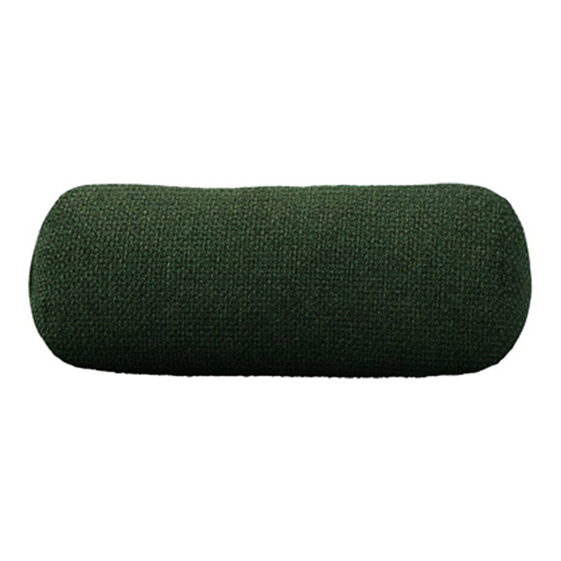 Green textured cylindrical pillow with a soft, solid pattern, perfect for home decor and comfort.
