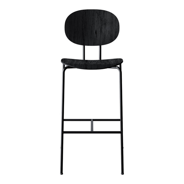 Black wooden bar stool with a sleek, minimalist design and smooth curved backrest, featuring a matte finish and metal legs.