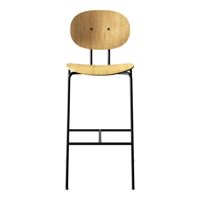Natural wood grain seat and backrest, paired with a sleek black metal frame for a modern, minimalist design.