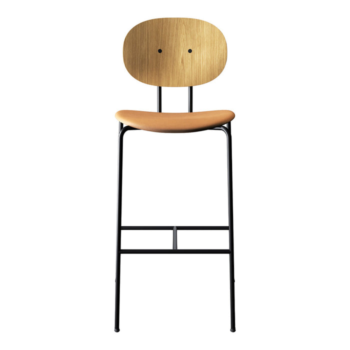 Wooden bar stool with natural bamboo color seat and backrest, complemented by a sleek black metal frame.