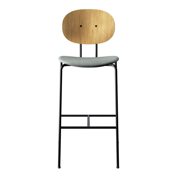 Modern bar stool with a natural wood backrest, light gray cushion, and sleek black metal legs.