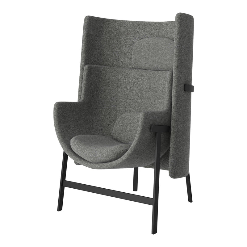 Stylish gray upholstered chair with a sleek black frame, featuring a modern design and smooth, clean lines.