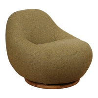 "Soft olive green curved chair with a textured fabric and wooden base, offering modern elegance and comfort."