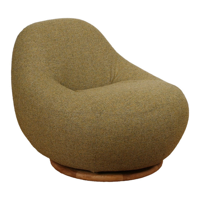 "Soft olive green curved chair with a textured fabric and wooden base, offering modern elegance and comfort."
