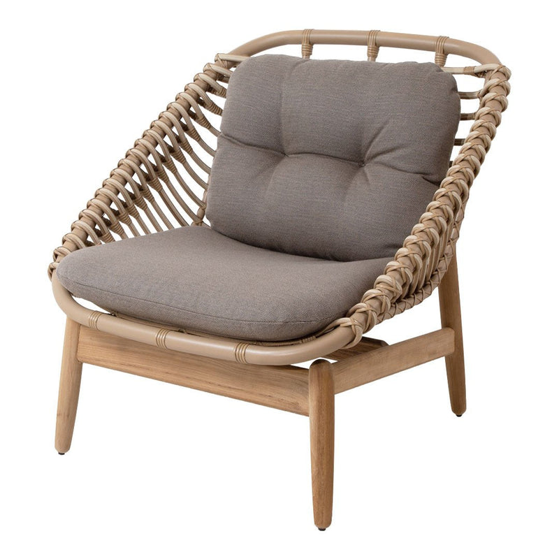 Natural wood frame with beige padded upholstery and woven rattan accents for a stylish, contemporary look.