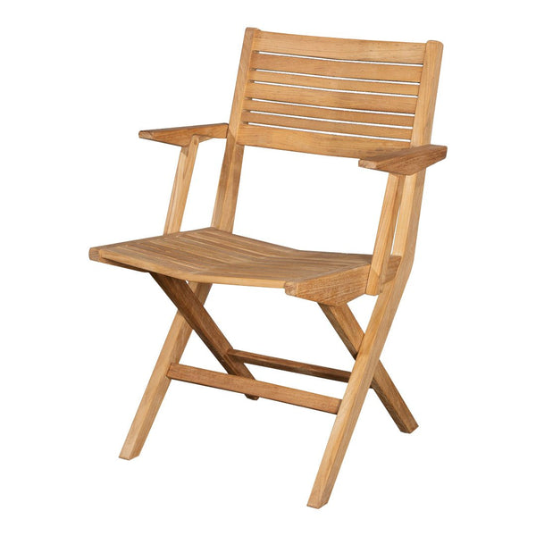 Light brown wooden chair with a slatted design, showcasing natural textures and warm tones. Ideal for outdoor use.