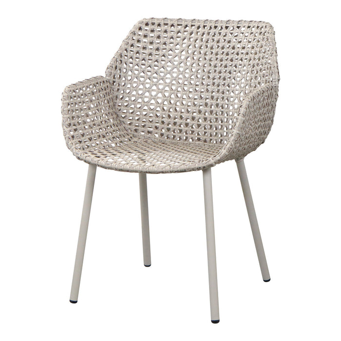Light beige woven chair with a modern open pattern and sleek white legs, perfect for contemporary spaces.