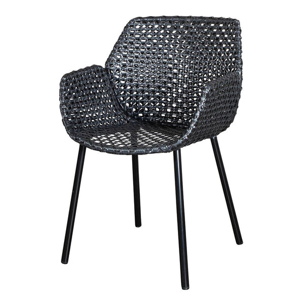Black woven chair with a textured pattern and sleek black metal legs, ideal for modern decor styles.