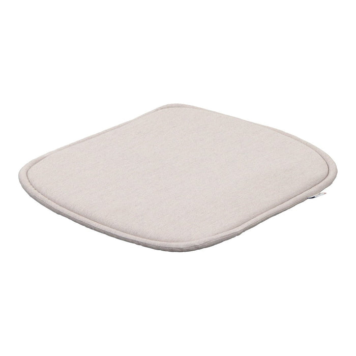 Light beige cushioned seat pad with a subtle textured pattern and contrasting stitched edge. Perfect for any decor.