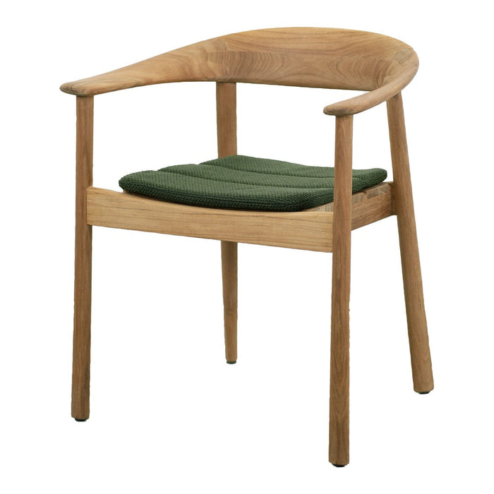 Natural wood chair with a light oak finish and a deep green cushioned seat, featuring a minimalist and modern design.