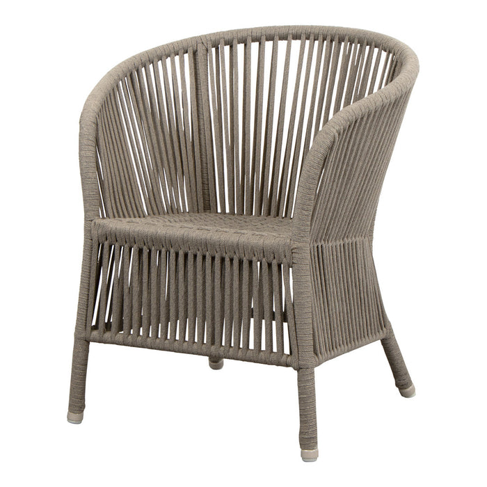 Light brown woven rattan chair with a curved back and vertical slat pattern, perfect for indoor or outdoor use.