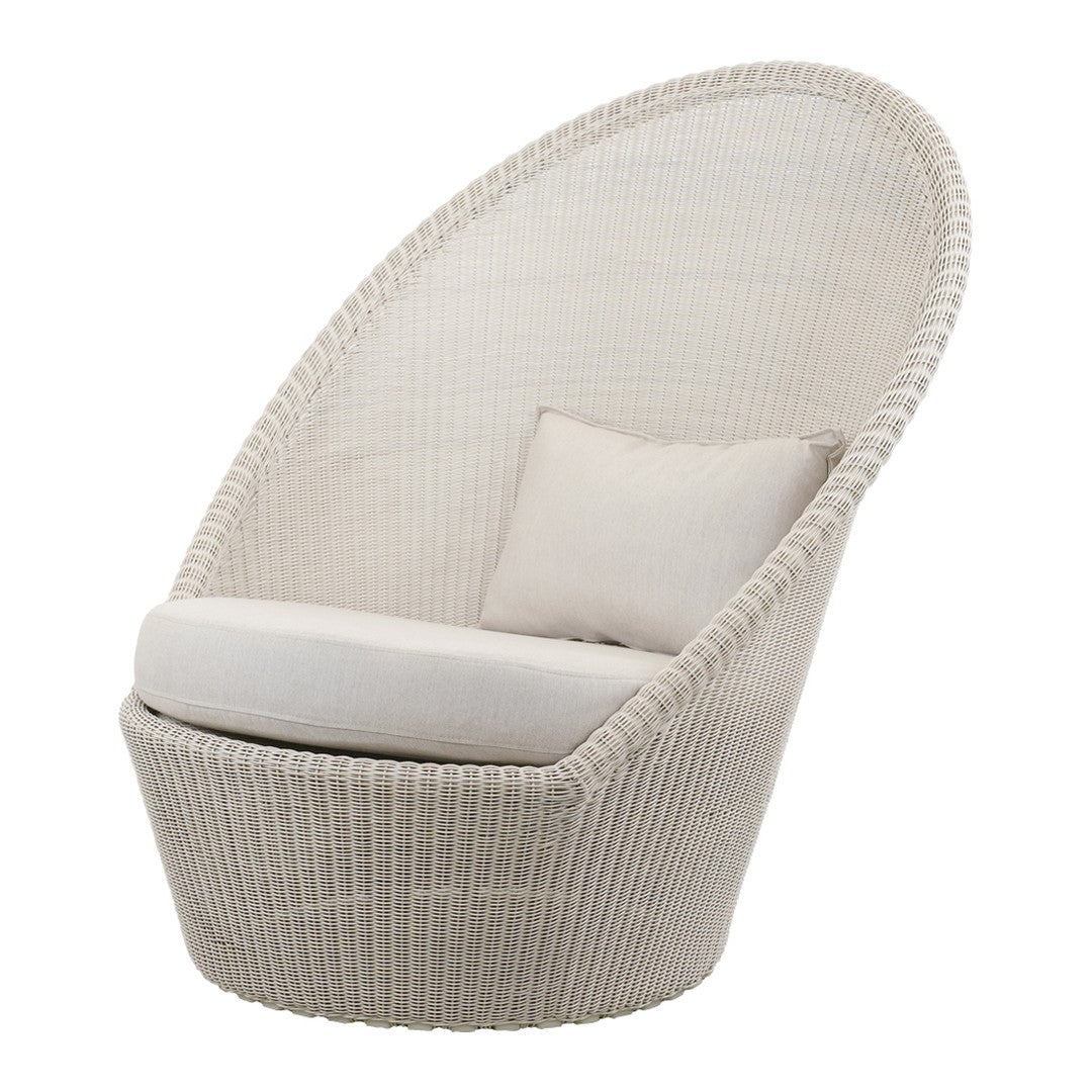 Luxe white woven chair with soft beige cushion, featuring a smooth, rounded shape and subtle vertical patterns.