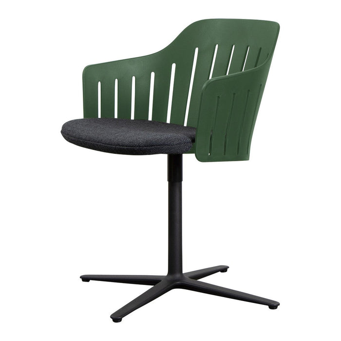 Green slatted chair with a black seat and simple round base, perfect for modern decor.