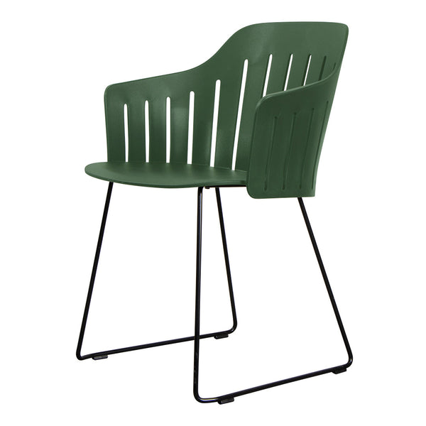 Green slatted chair with a modern design and black metal legs, perfect for stylish seating solutions.